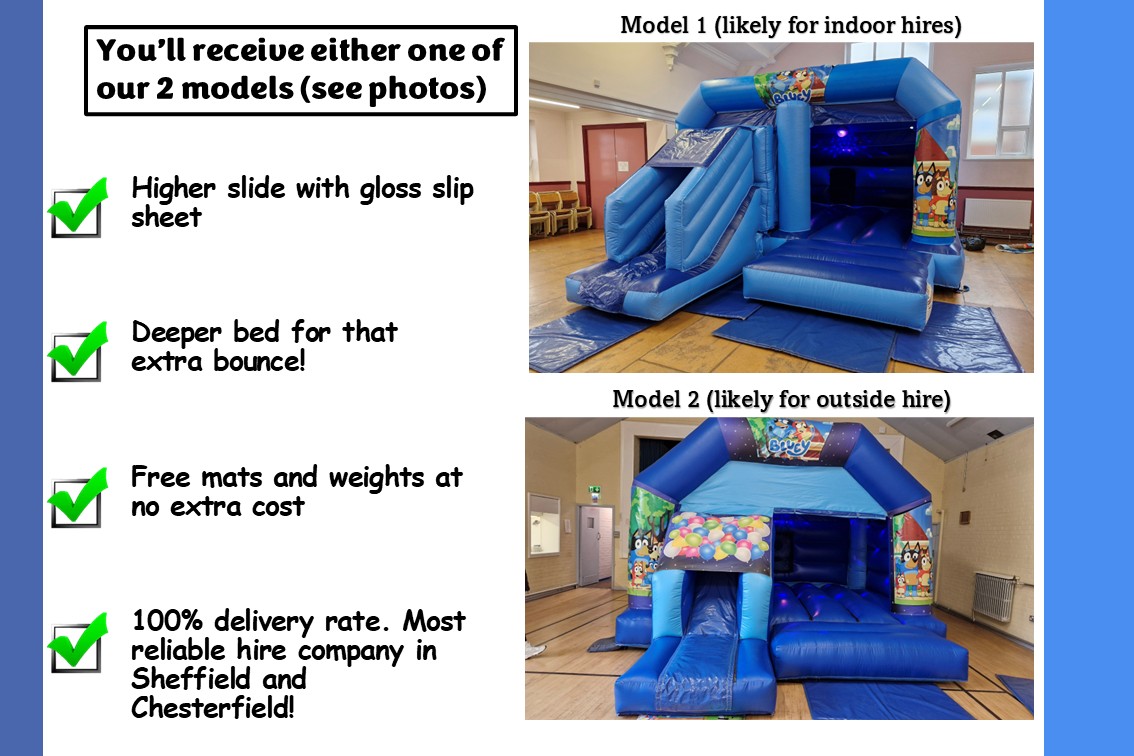 Different styles of Bluey Bouncy Castles for hire Styles of Bluey Bouncy Castles for hire