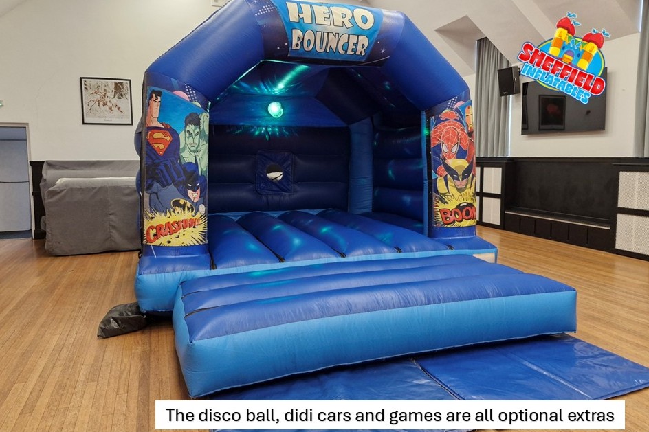 Hero bouncy castle in Chesterfield with disco ball