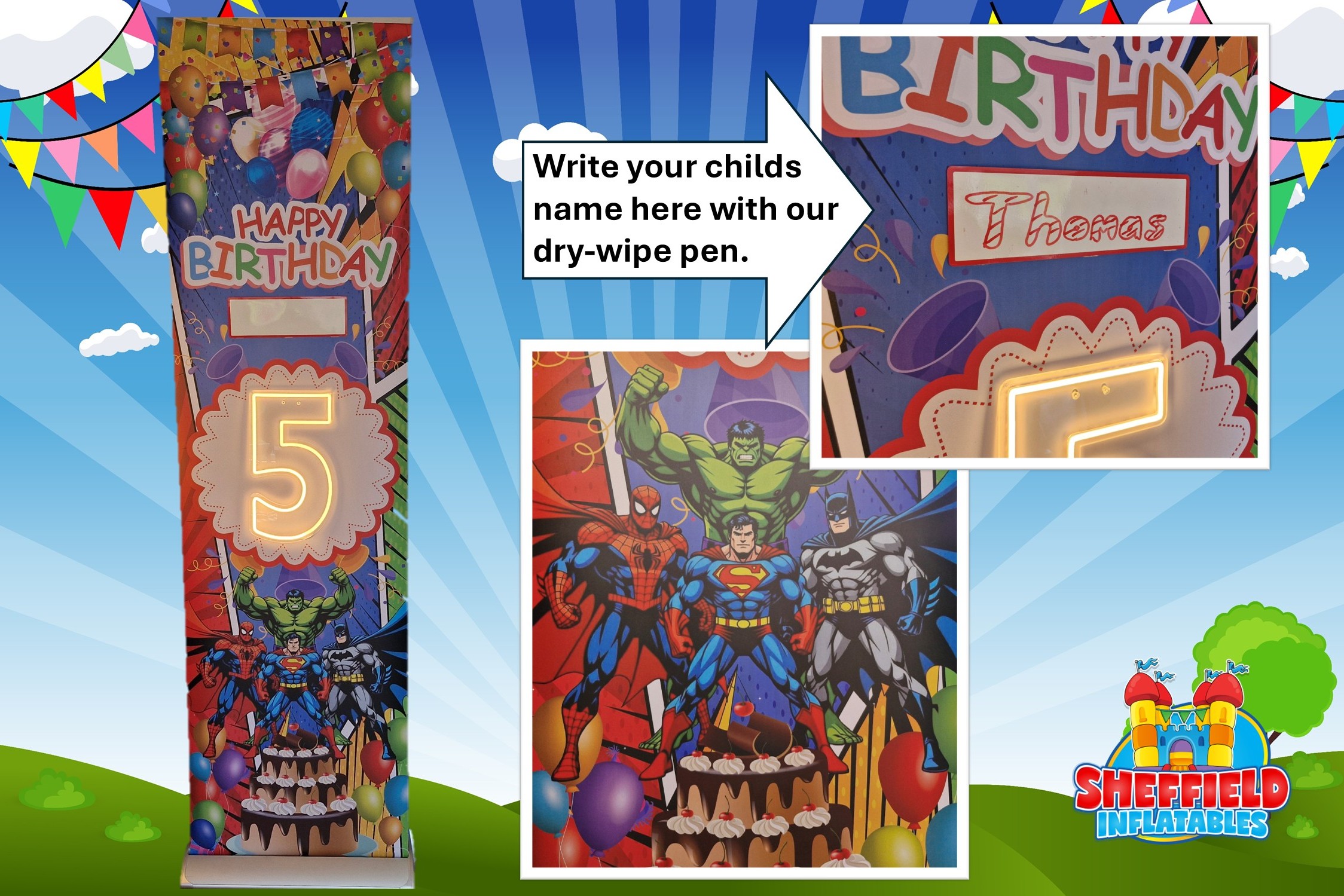 Heroes birthday banner and number lights